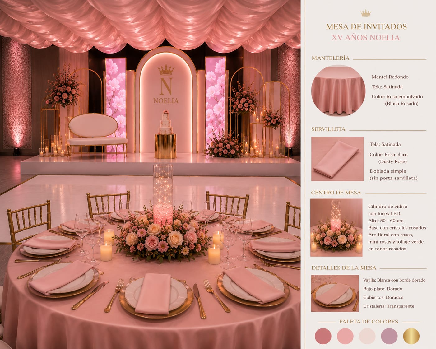 Ficha técnica de la mesa de invitados de Noelia XV: mantelería, servilleta, centro de mesa, vajilla y paleta de colores en tonos rosa