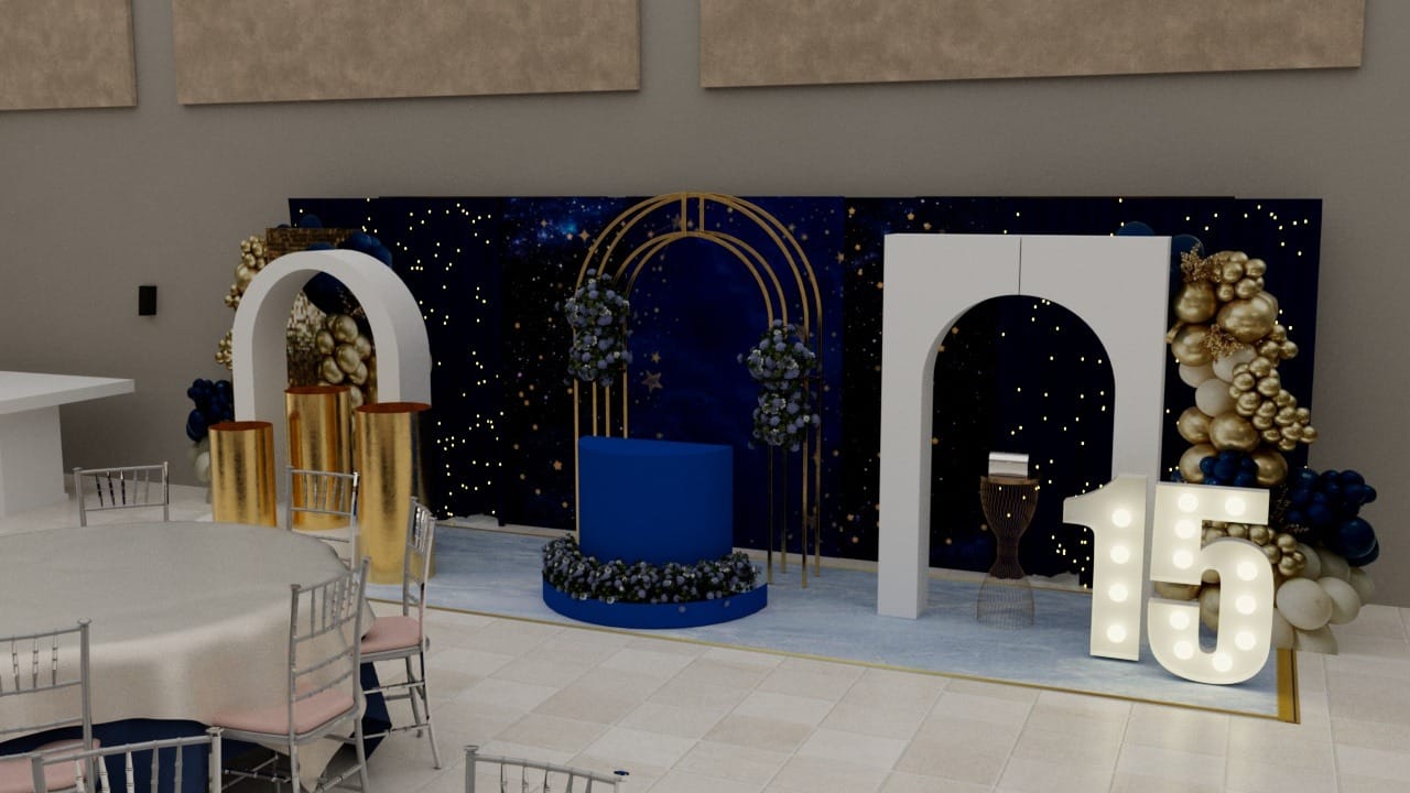 Render 3D del arco decorativo con número 15 iluminado para el tema Starry Night