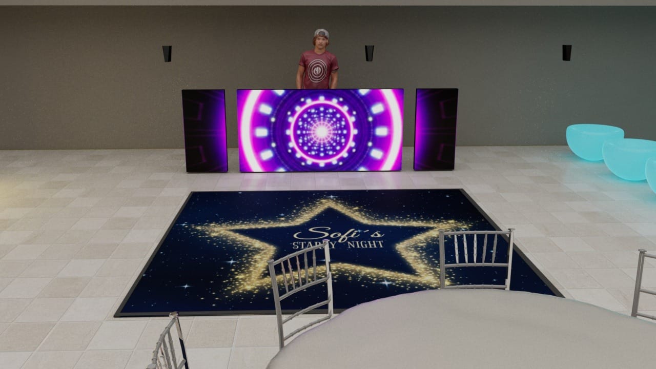 Render 3D de la cabina de DJ y pista de baile estelar para los XV años de Sofía