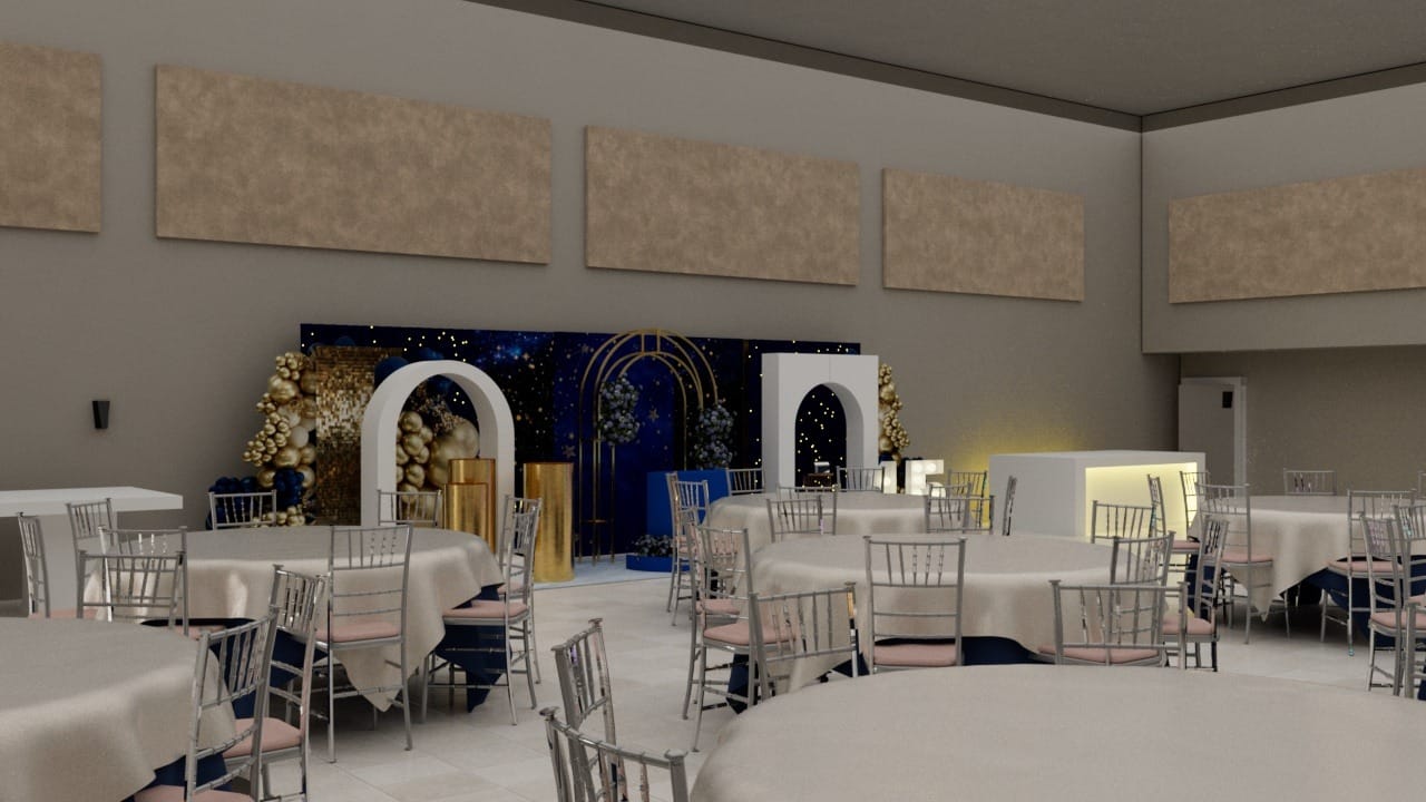 Render 3D del montaje general para los XV años Starry Night de Sofía: mesas redondas, backdrop e iluminación